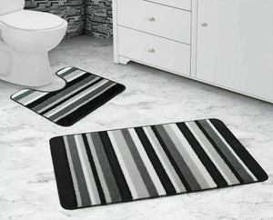 Bath & Pedestal Mat Set Non Slip Stripe Design Black