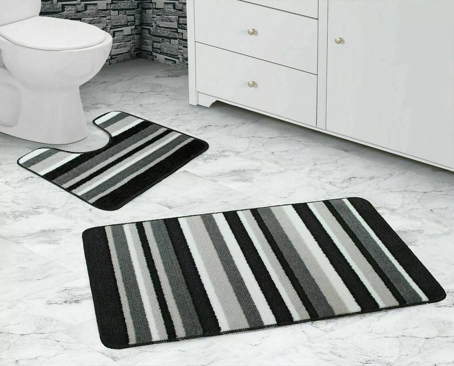 Bath & Pedestal Mat Set Non Slip Stripe Design Black