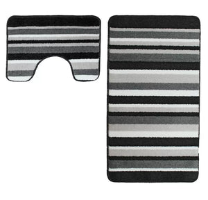 Bath & Pedestal Mat Set Non Slip Stripe Design Black