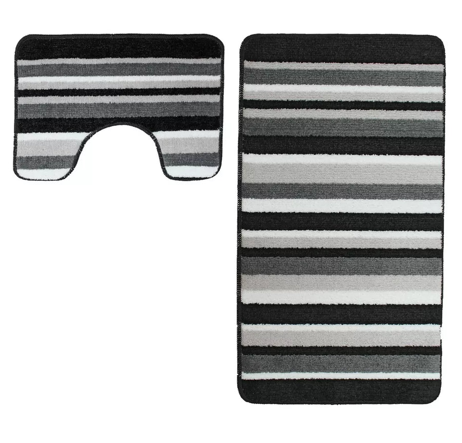 Bath & Pedestal Mat Set Non Slip Stripe Design Black