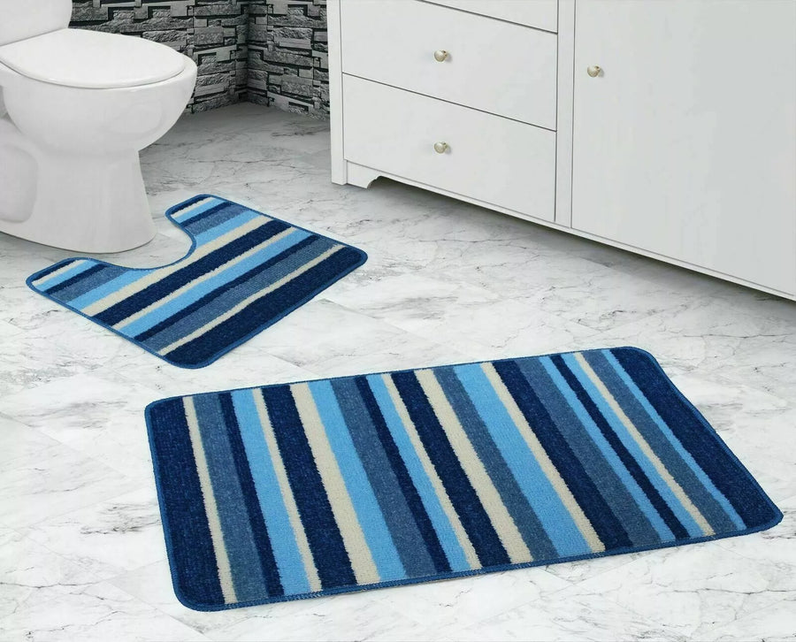 Bath & Pedestal Mat Set Non Slip Stripe Design Blue