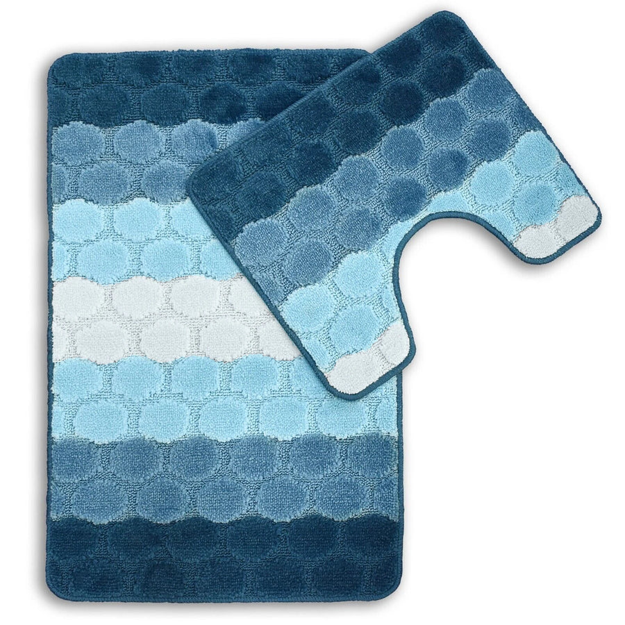 Bath & Pedestal Mat Set Non Slip Hex Stripe Design Blue