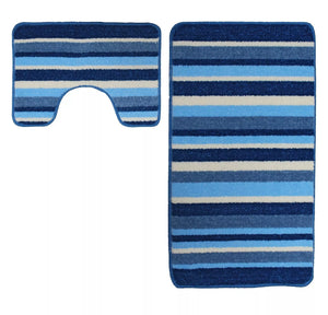 Bath & Pedestal Mat Set Non Slip Stripe Design Blue