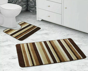 Bath & Pedestal Mat Set Non Slip Stripe Design Brown