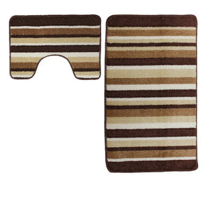 Bath & Pedestal Mat Set Non Slip Stripe Design Brown