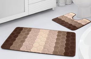 Bath & Pedestal Mat Set Non Slip Hex Stripe Design Brown