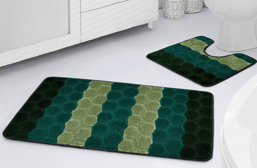Bath & Pedestal Mat Set Non Slip Hex Stripe Design Green