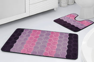Bath & Pedestal Mat Set Non Slip Hex Stripe Design Lavender