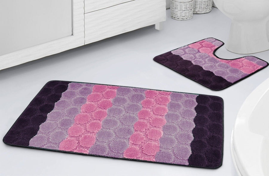 Bath & Pedestal Mat Set Non Slip Hex Stripe Design Lavender