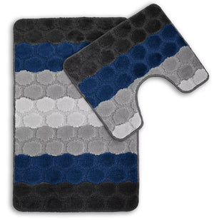 Bath & Pedestal Mat Set Non Slip Hex Stripe Design Navy Blue