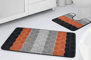 Bath & Pedestal Mat Set Non Slip Hex Stripe Design Orange