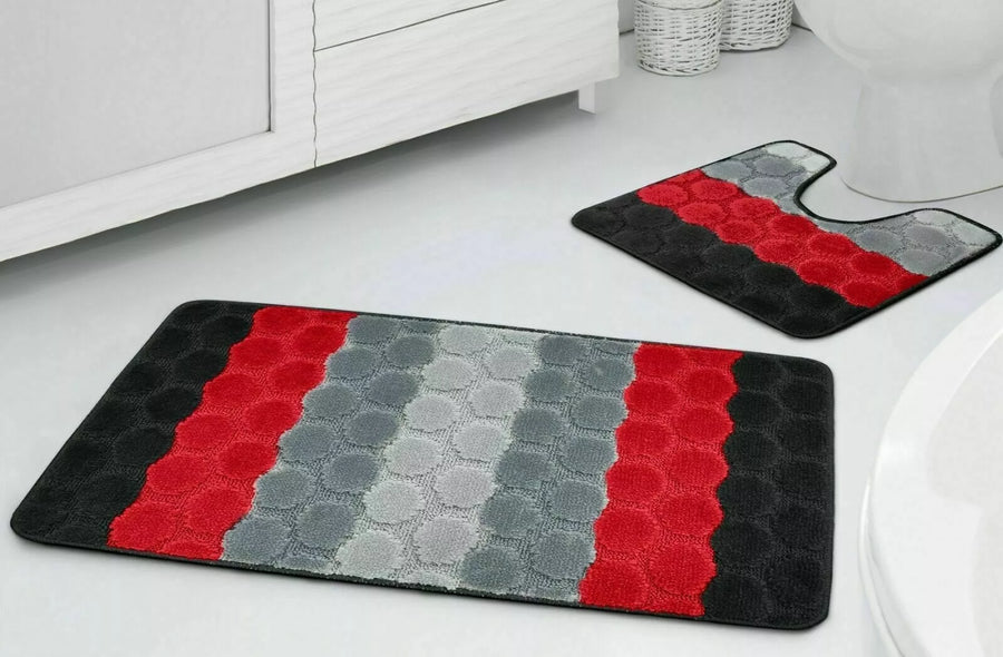Bath & Pedestal Mat Set Non Slip Hex Stripe Design Red
