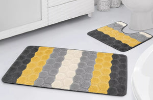 Bath & Pedestal Mat Set Non Slip Hex Stripe Design Yellow