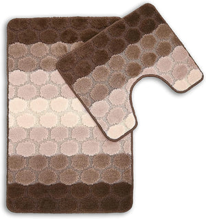 Bath & Pedestal Mat Set Non Slip Hex Stripe Design Brown