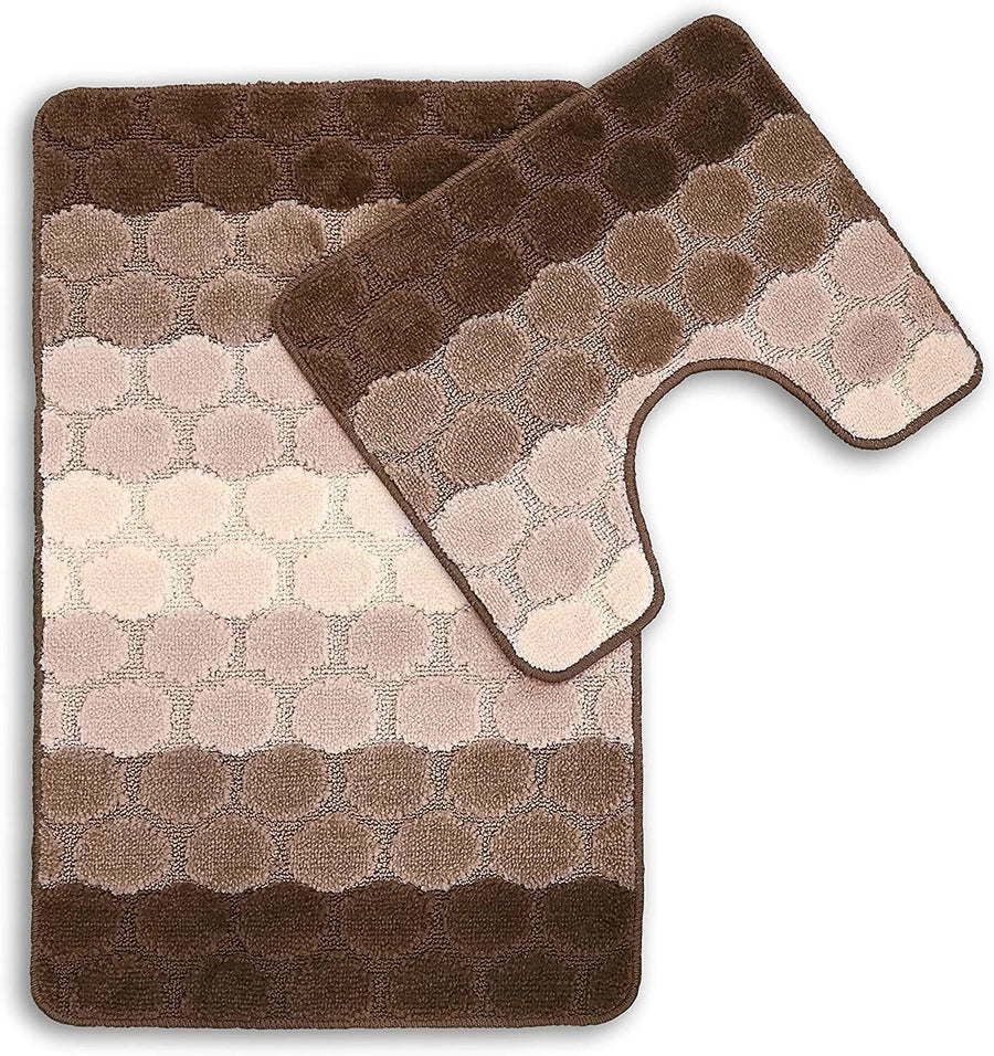 Bath & Pedestal Mat Set Non Slip Hex Stripe Design Brown