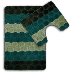 Bath & Pedestal Mat Set Non Slip Hex Stripe Design Green