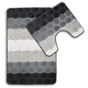 Bath & Pedestal Mat Set Non Slip Hex Stripe Design Grey