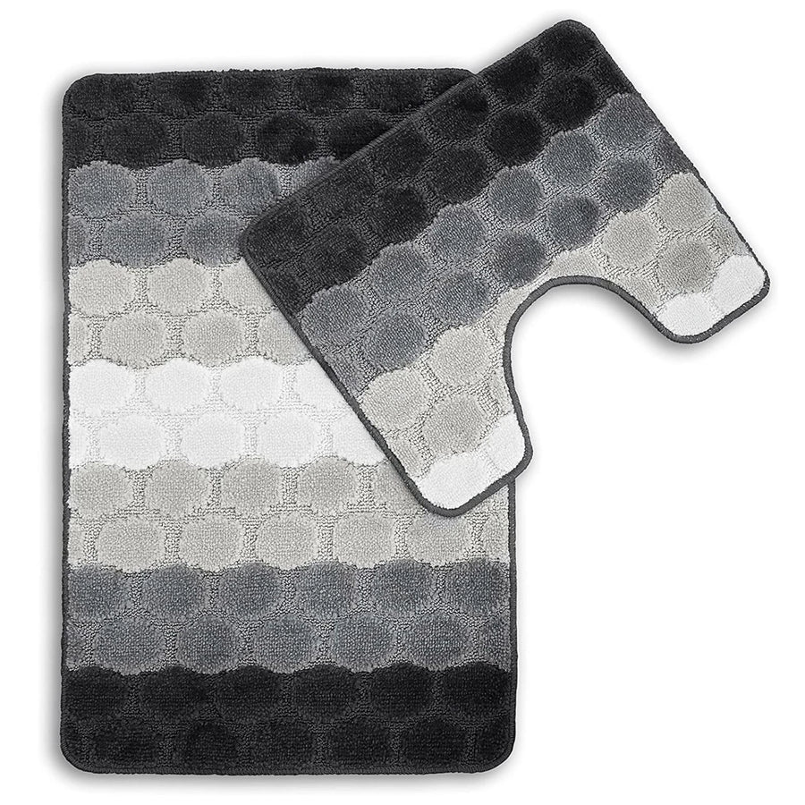Bath & Pedestal Mat Set Non Slip Hex Stripe Design Grey