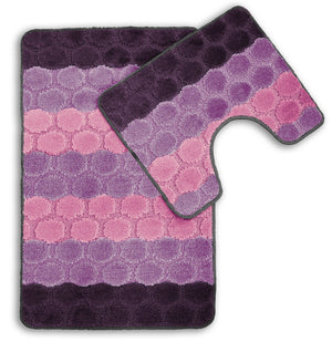 Bath & Pedestal Mat Set Non Slip Hex Stripe Design Lavender