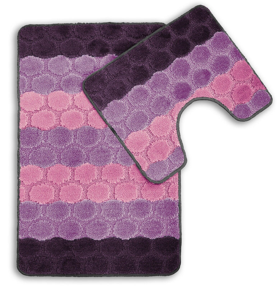 Bath & Pedestal Mat Set Non Slip Hex Stripe Design Lavender