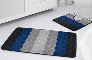 Bath & Pedestal Mat Set Non Slip Hex Stripe Design Navy Blue