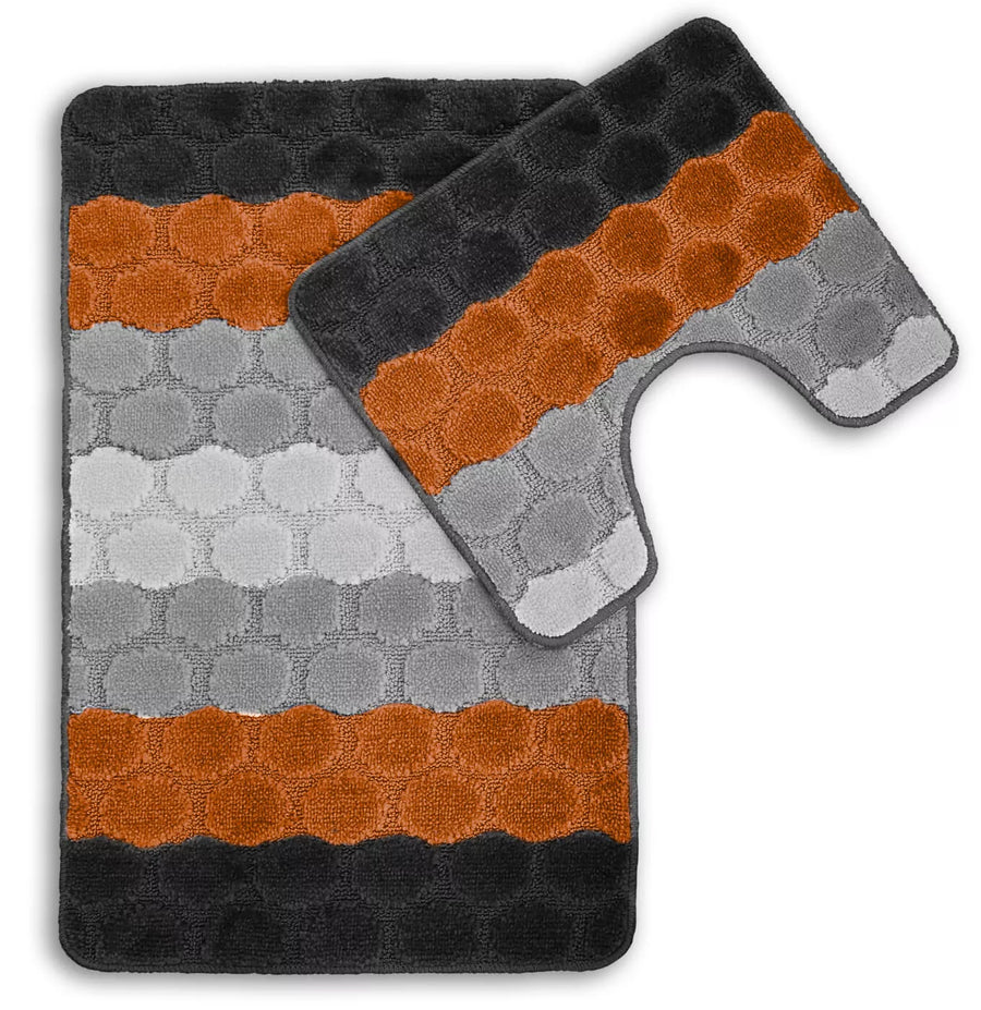 Bath & Pedestal Mat Set Non Slip Hex Stripe Design Orange
