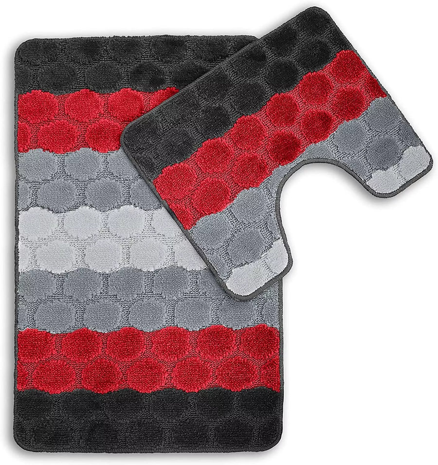 Bath & Pedestal Mat Set Non Slip Hex Stripe Design Red