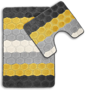 Bath & Pedestal Mat Set Non Slip Hex Stripe Design Yellow