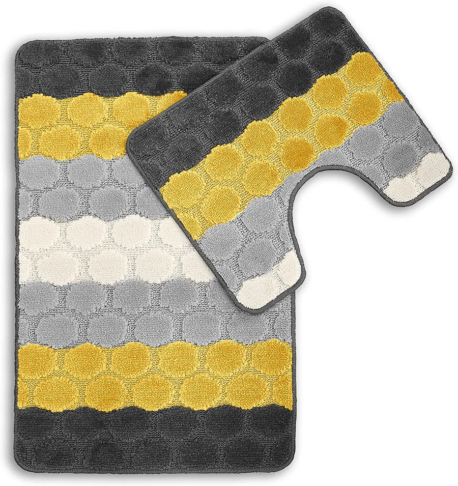 Bath & Pedestal Mat Set Non Slip Hex Stripe Design Yellow