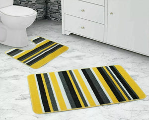 Bath & Pedestal Mat Set Non Slip Stripe Design Yellow