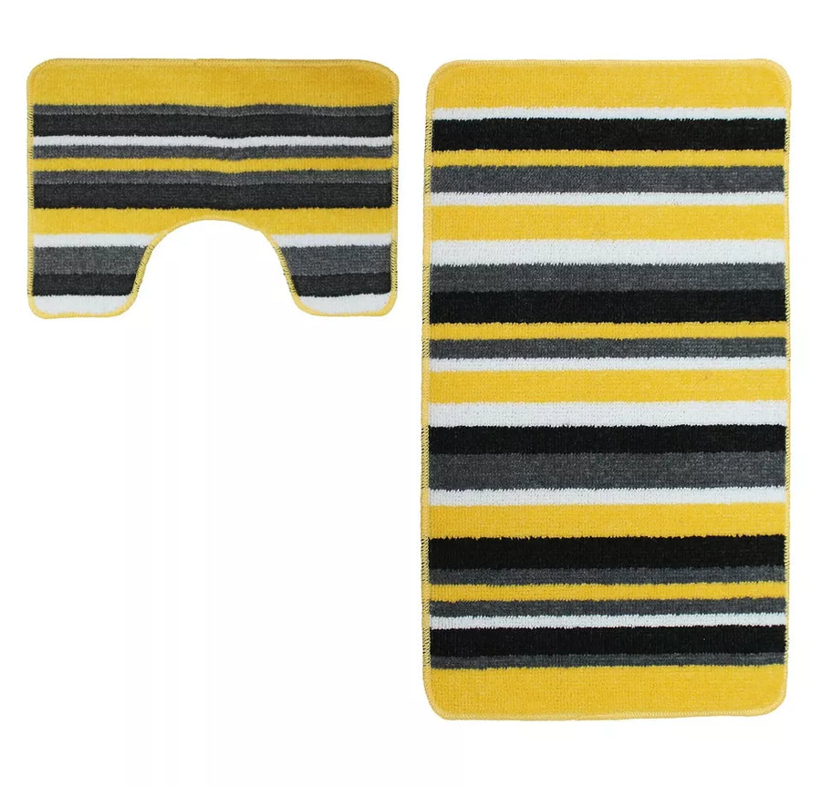 Bath & Pedestal Mat Set Non Slip Stripe Design Yellow