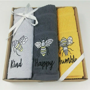 3 Pack Kitchen Tea Towels Embroidered Bee Design 100% Cotton In A Gift Box