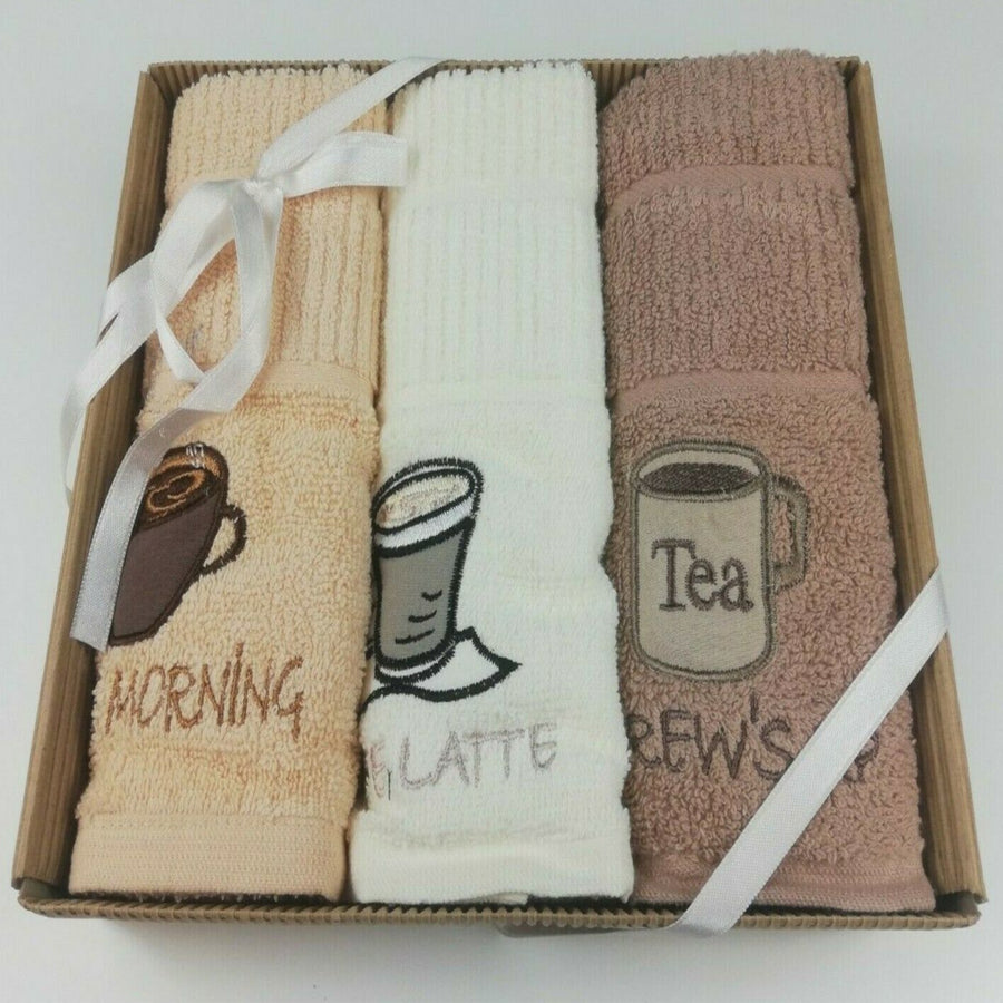 3 Pack Kitchen Tea Towels Embroidered Coffee Cup Design 100% Cotton In A Gift Box
