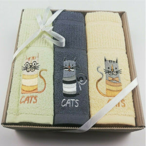 3 Pack Kitchen Tea Towels Embroidered Cat Design 100% Cotton In A Gift Box