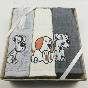 3 Pack Kitchen Tea Towels Embroidered Dog Design 100% Cotton In A Gift Box