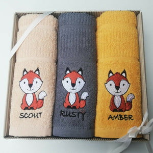 3 Pack Kitchen Tea Towels Embroidered Fox Design 100% Cotton In A Gift Box