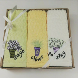 3 Pack Kitchen Tea Towels Embroidered Herb Design 100% Cotton In A Gift Box