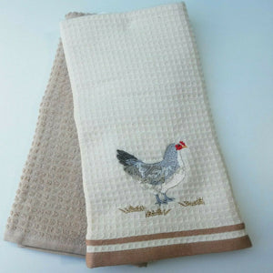 Embroidered Rooster 100% Turkish Cotton Waffle  Kitchen Tea Towels 2 pack