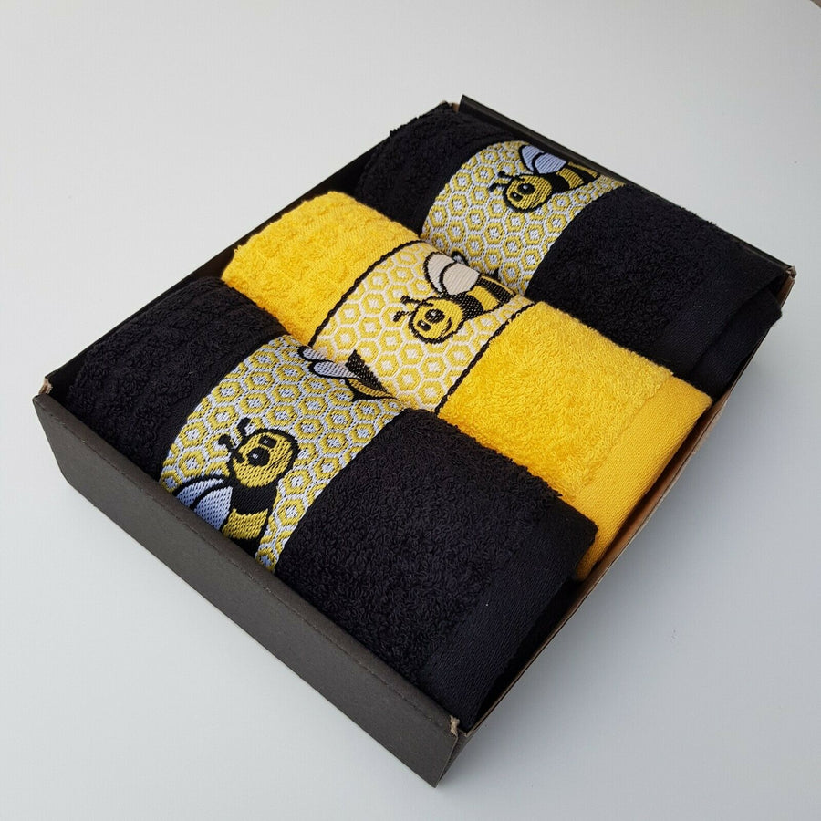 Kitchen Tea Towels 100% Turkish Cotton Embroidered Animals Gift Box Set of 3 Black & Yellow Honeybee