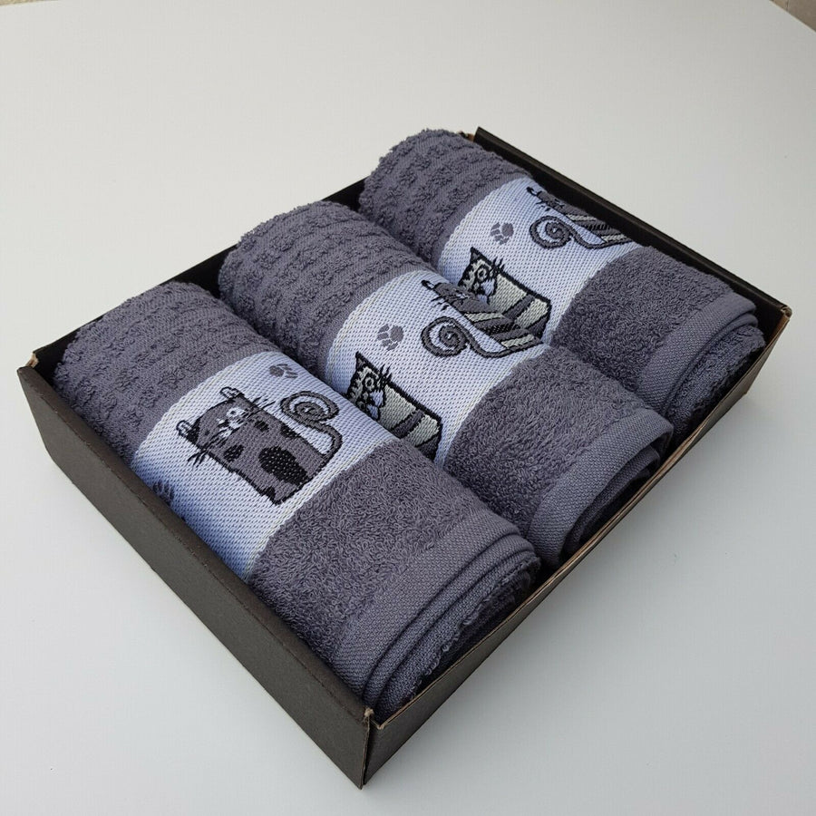 Kitchen Tea Towels 100% Turkish Cotton Embroidered Animals Gift Box Set of 3  Grey Cats