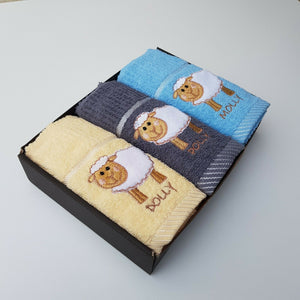 Kitchen Tea Towels 100% Turkish Cotton Embroidered Animals Gift Box Set of 3  Blue Grey Lemon Sheep