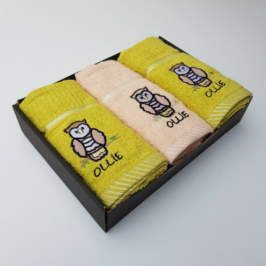 Kitchen Tea Towels 100% Turkish Cotton Embroidered Animals Gift Box Set of 3 Owls