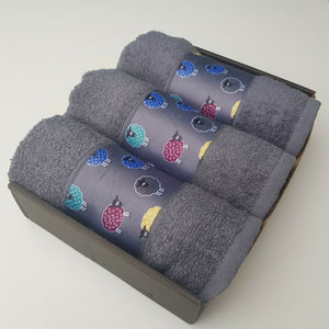 Kitchen Towels 100% Turkish Cotton Embroidered Animals Gift Box Set of 3 Grey Multi Sheep