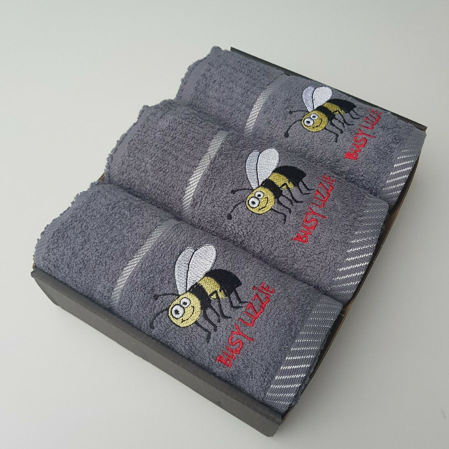 Kitchen Towels 100% Turkish Cotton Embroidered Animals Gift Box Set of 3 Busy Bee