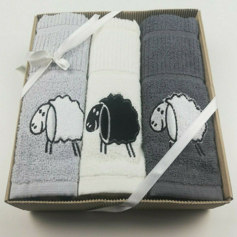 3 Pack Kitchen Tea Towels Embroidered Sheep Design 100% Cotton In A Gift Box